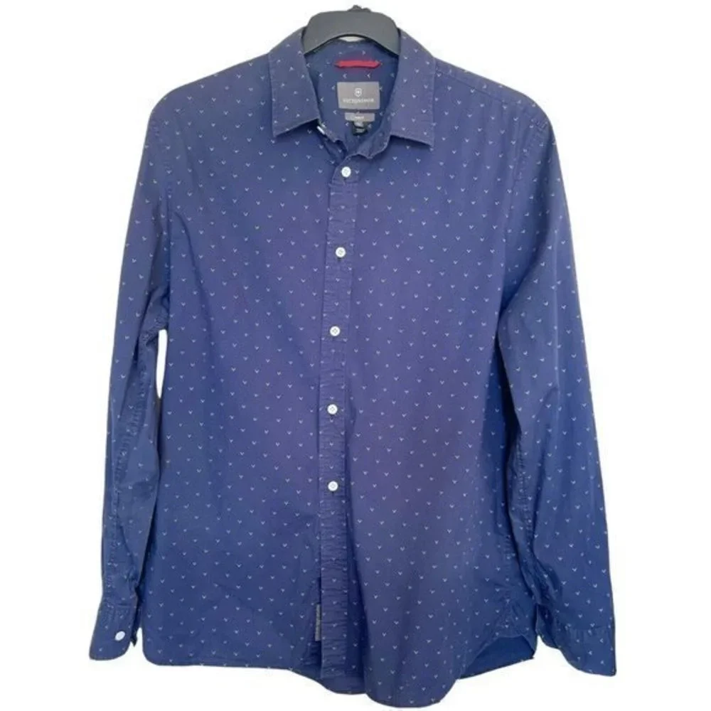 Victorinox Mens Button up Short Sleeve Print Shirt Size XL Blue Medium Slim Fit